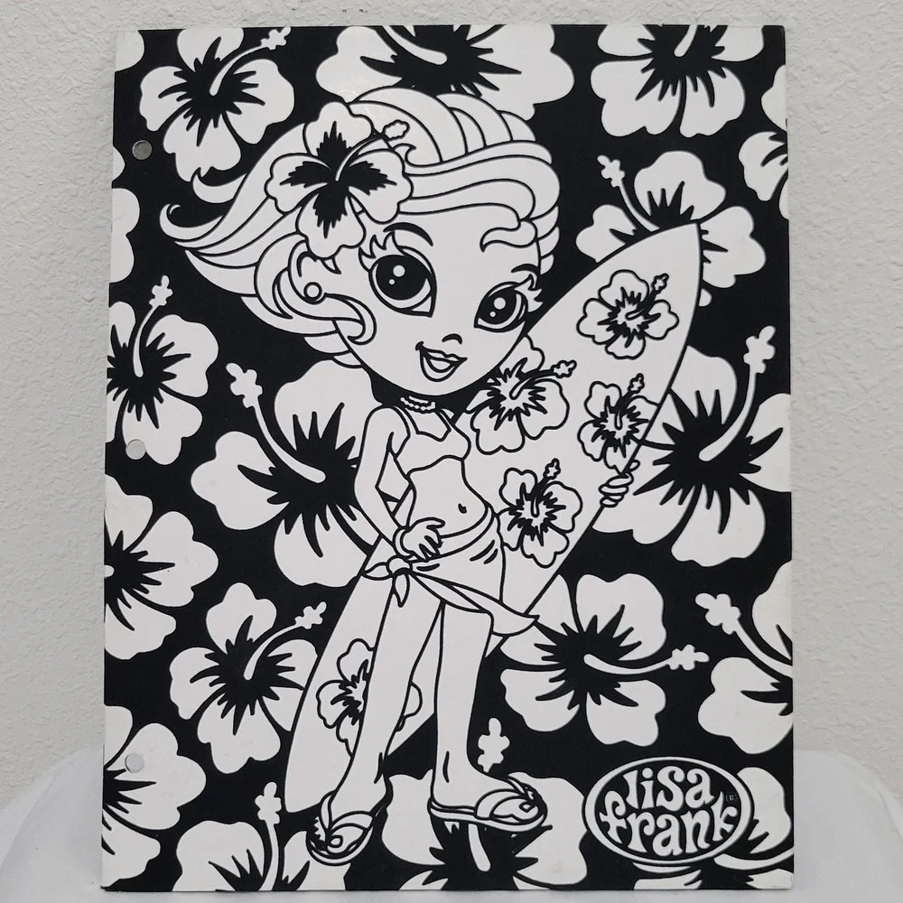 Lisa Frank Surfer Girl Fuzzy 2 Pocket Folder Hibiscus Vintage Y2K Black White